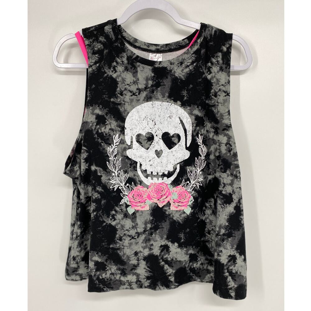 No Boundaries 2-Piece Tank Top Set Tie Dye Skull Rose Black Pink Size XL